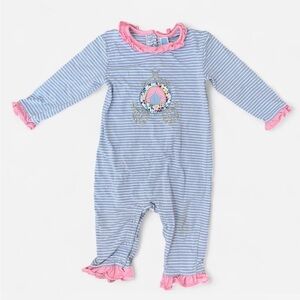 Trotter St Kids Blue Stripe Footed One-Piece with Pink Trim and Carriage Motif